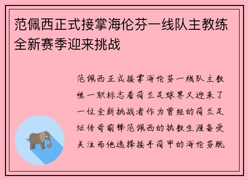 范佩西正式接掌海伦芬一线队主教练全新赛季迎来挑战